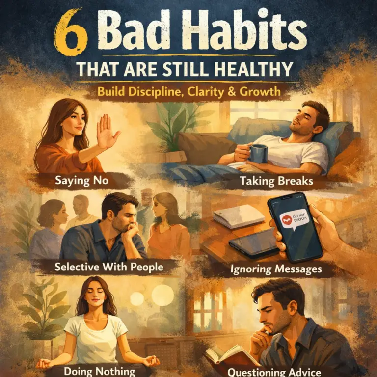 Illustration showing six bad habits that are still healthy, including boundaries, rest, focus, stillness, and critical thinking