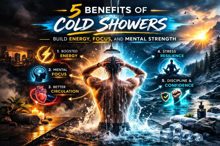Man taking a cold shower representing the benefits of cold showers for energy, focus, recovery and mental discipline