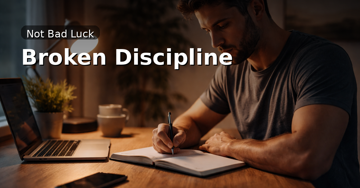 Focused man writing in a notebook at a desk, representing broken discipline and feeling stuck in life.