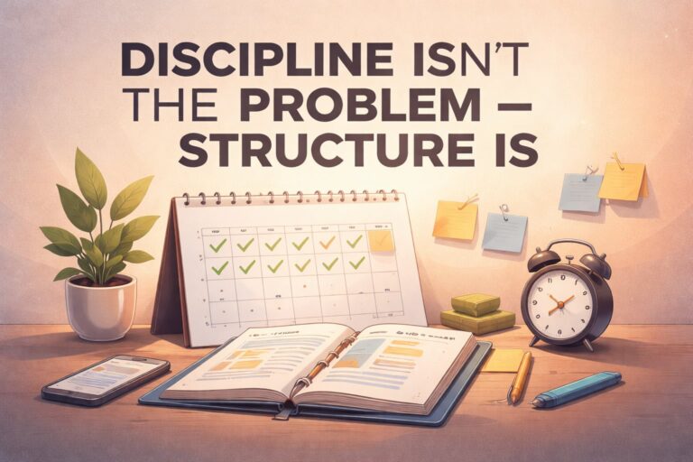 Minimalist workspace with planner, calendar, notes, and clock illustrating the concept that discipline isn’t the problem — structure is.