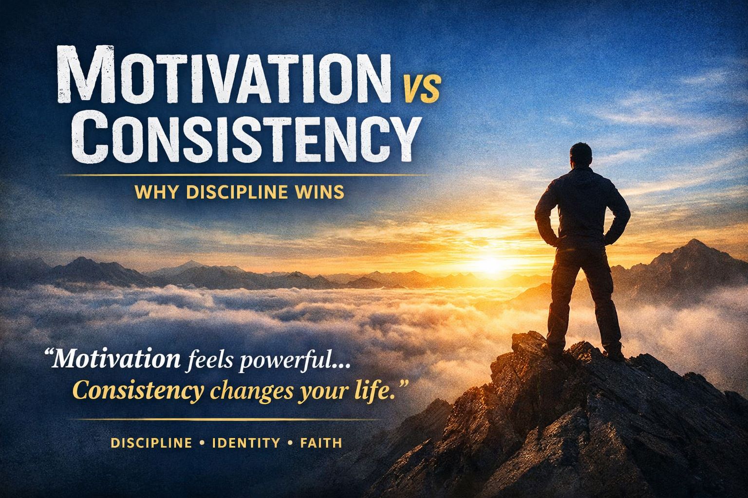Motivation vs consistency concept showing a man standing on a mountain at sunrise symbolizing discipline, faith, and personal growth