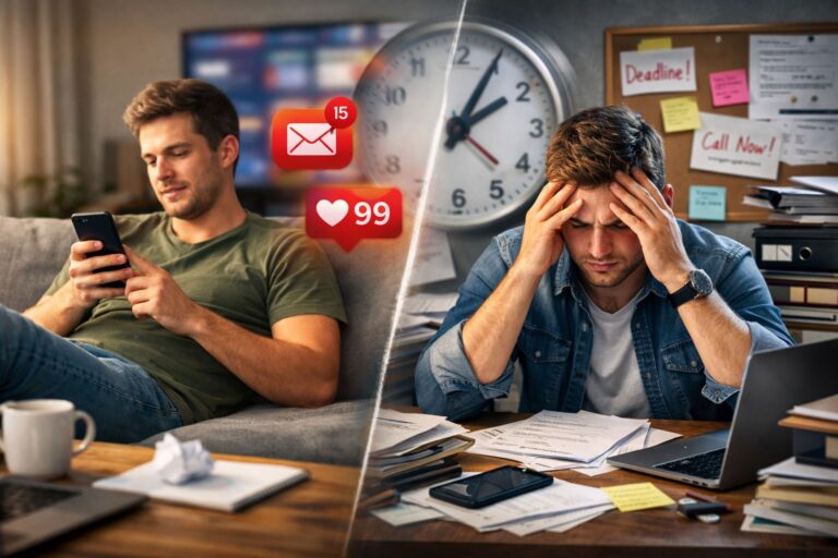 Split scene showing a man scrolling on his phone and later feeling stressed at a messy desk, symbolizing daily habits that waste time.