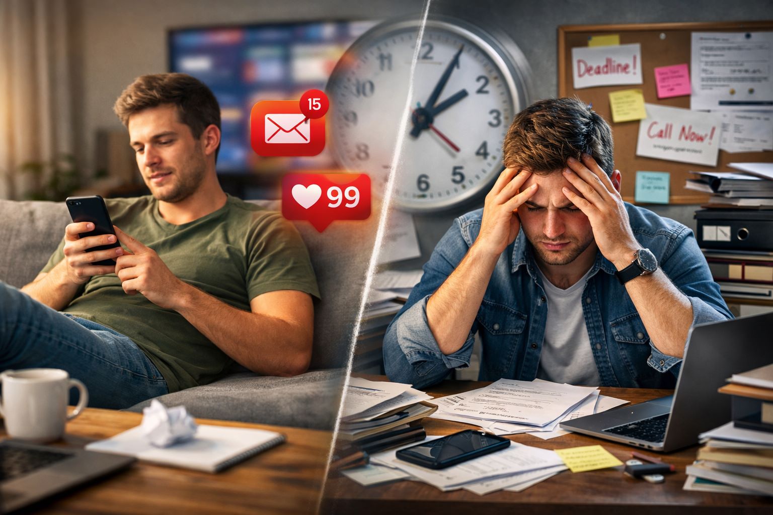 Split scene showing a man scrolling on his phone and later feeling stressed at a messy desk, symbolizing daily habits that waste time.
