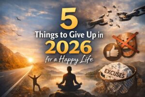 Person reflecting at sunrise symbolizing letting go of limiting beliefs, excuses, and control for a happier life in 2026