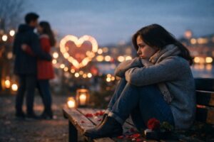 Person sitting alone on Valentine’s Day looking thoughtful while couples celebrate in the background