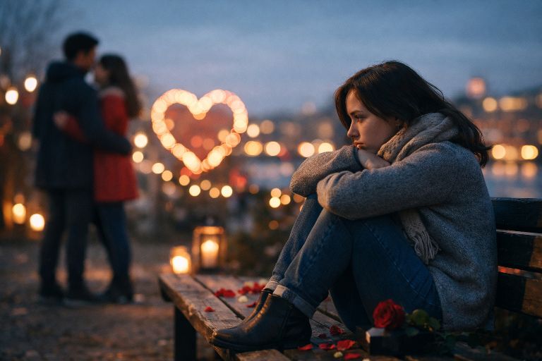 Person sitting alone on Valentine’s Day looking thoughtful while couples celebrate in the background