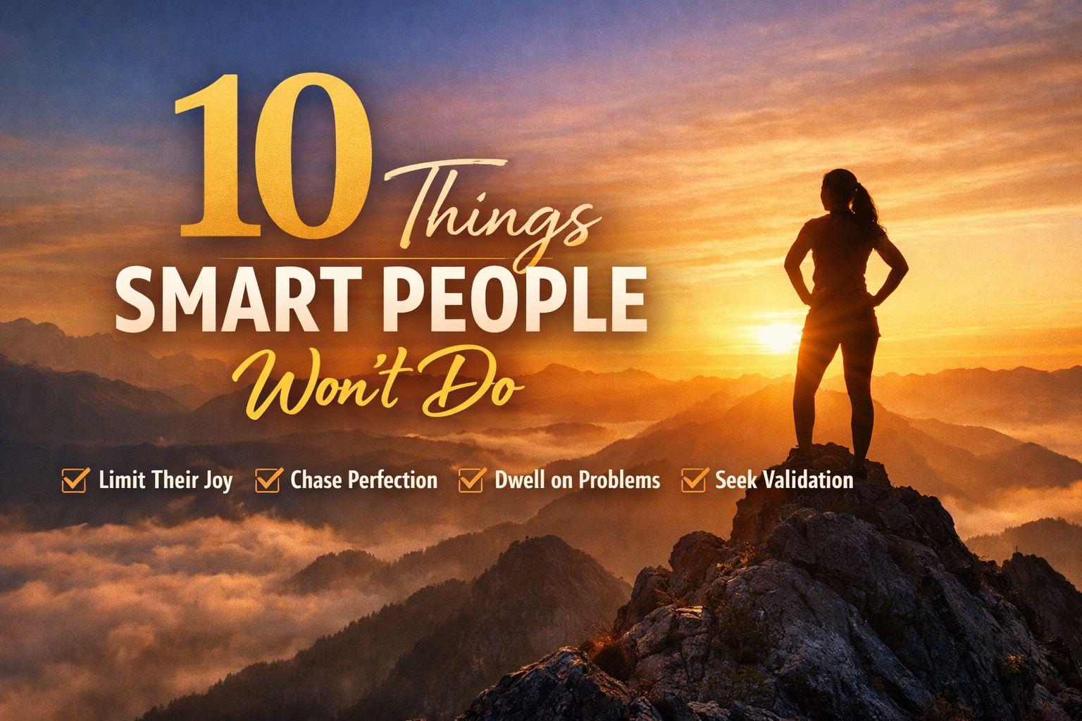 Featured image for a blog post about 10 habits of smart people, showing books, a glowing brain, a lightbulb, and a person standing at sunrise