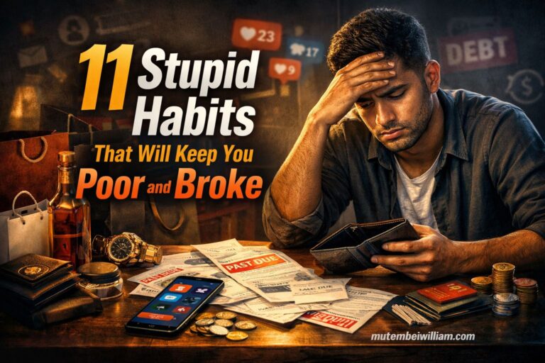Stressed young man sitting at a table with bills, an empty wallet, shopping bags, and a phone showing social media, illustrating habits that keep people poor and broke.