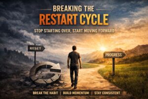 A man walking away from a reset path toward a progress sign, symbolizing breaking the restart cycle and building consistency.