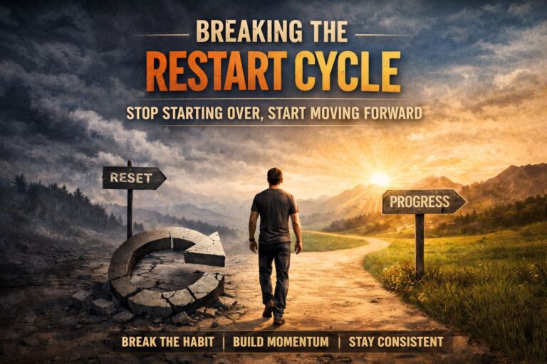 A man walking away from a reset path toward a progress sign, symbolizing breaking the restart cycle and building consistency.