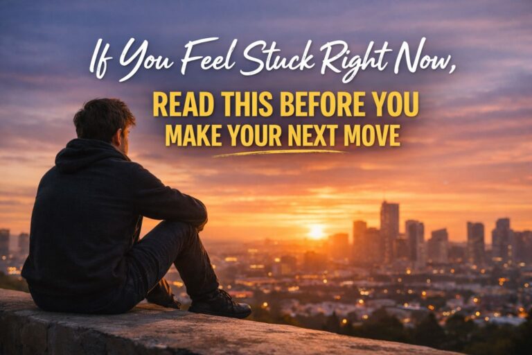 Person sitting alone overlooking a city at sunset symbolizing feeling stuck in life and reflecting before making the next move