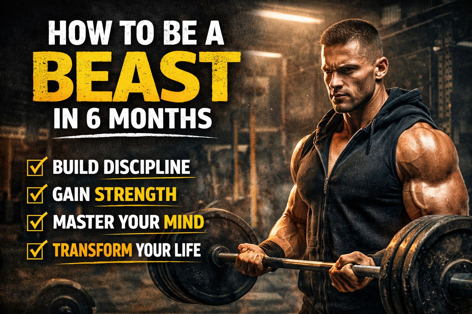 Motivational gym featured image reading “How to Be a Beast in 6 Months” with a man lifting weights and key goals: build discipline, gain strength, master your mind, transform your life.
