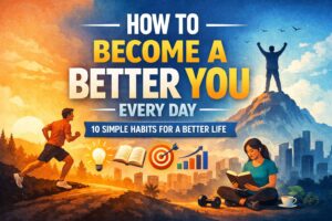 Motivational featured image showing daily self-improvement habits like exercise, reading, goal setting, and personal growth