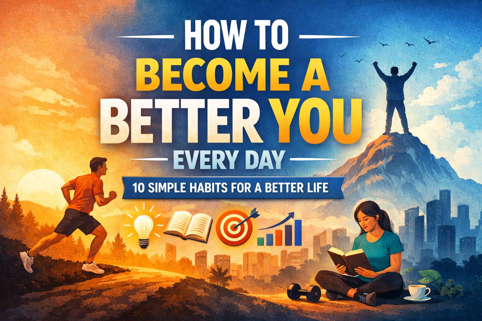 Motivational featured image showing daily self-improvement habits like exercise, reading, goal setting, and personal growth