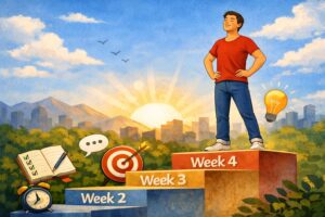 Illustration showing a person standing confidently on week-by-week steps representing a 30-day journey to building self confidence