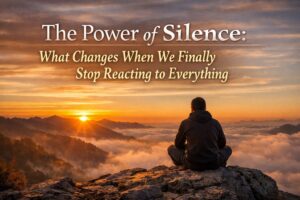 Person sitting quietly watching a sunrise over mountains symbolizing the power of silence, emotional control, and inner growth.