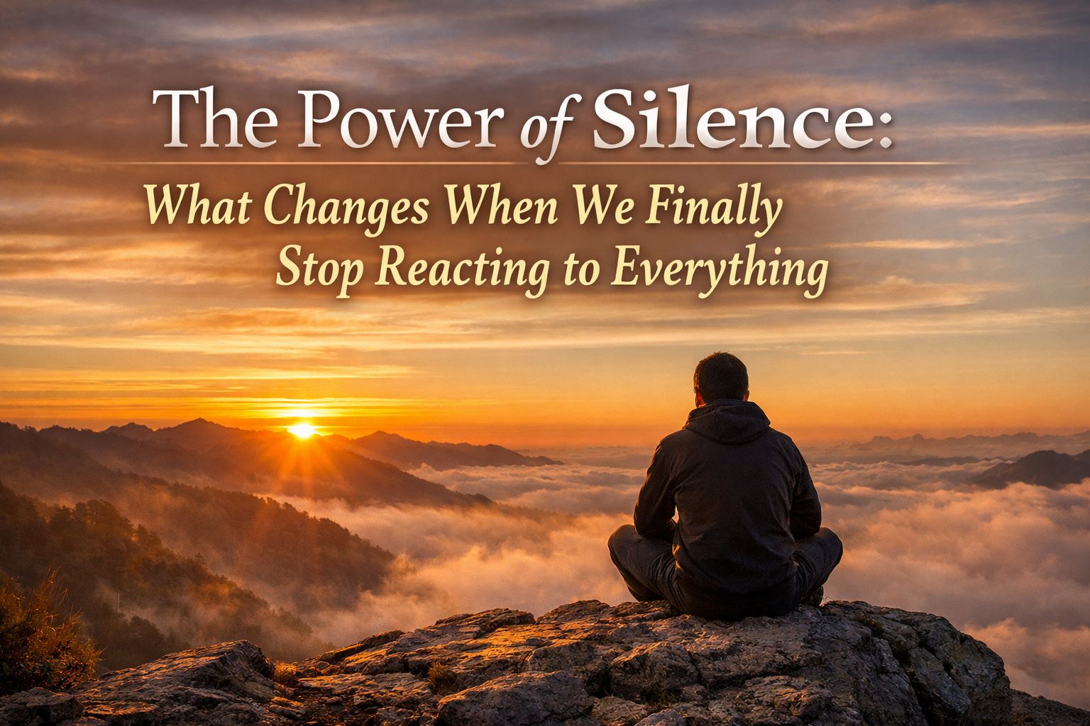 Person sitting quietly watching a sunrise over mountains symbolizing the power of silence, emotional control, and inner growth.