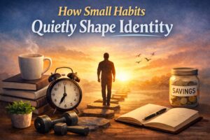 Person walking toward a sunrise on a stepping-stone path with symbols of daily habits like books, an alarm clock, journal, and savings jar