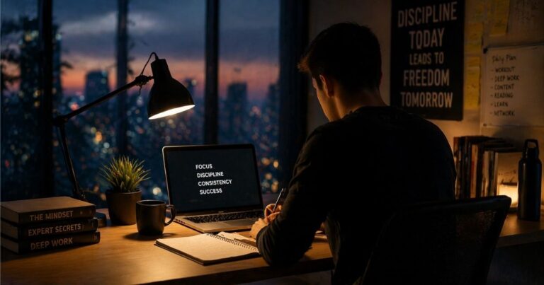 A figure walking from darkness into light along a path with three milestone markers, representing a 90-day mindset and discipline transformation journey