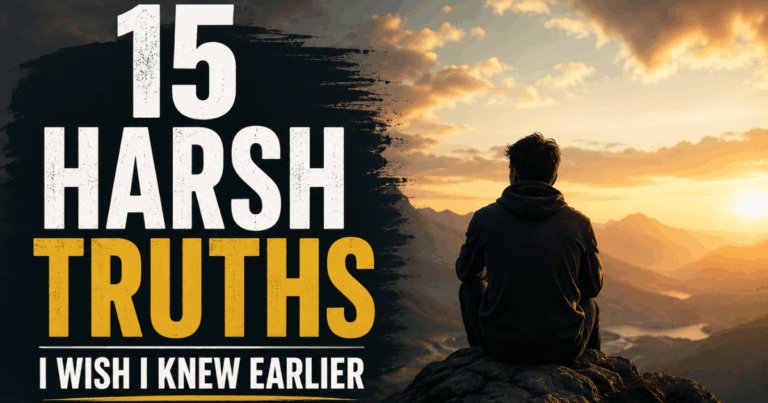 A person sitting on a mountain cliff during sunrise reflecting on life lessons with text “15 Harsh Truths I Wish I Knew Earlier” representing mindset, discipline, growth, and personal development.