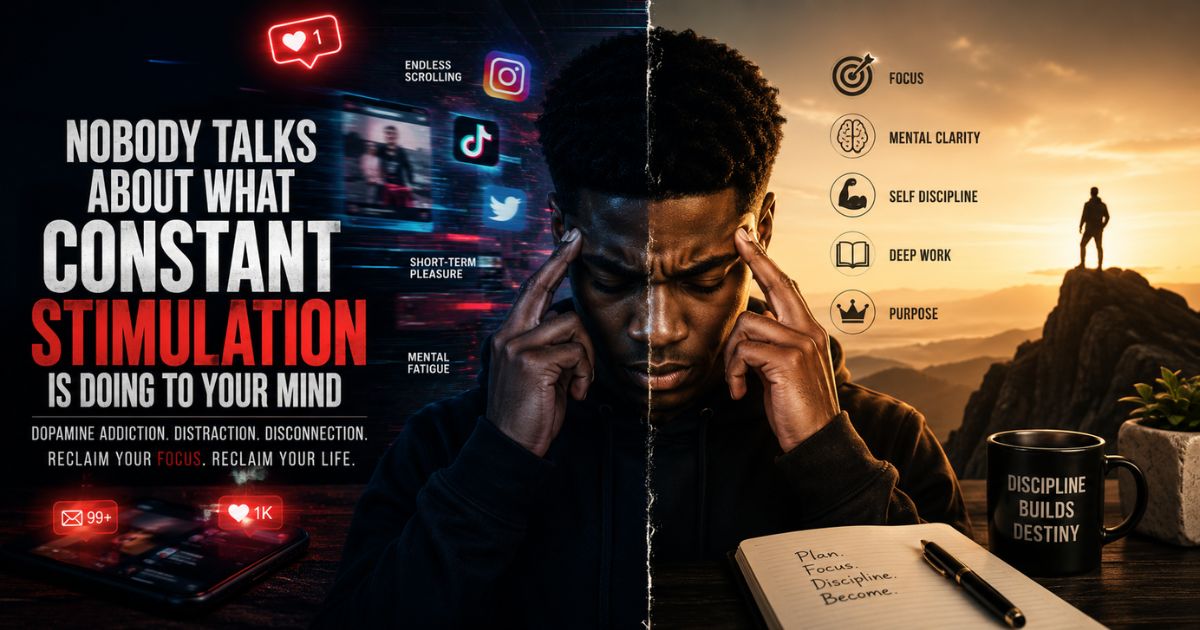A young man overwhelmed by social media and constant stimulation contrasted with focus, discipline, and mental clarity.