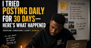 Mutembei William working late at a desk during a 30-day daily posting challenge focused on discipline, consistency, and content creation.
