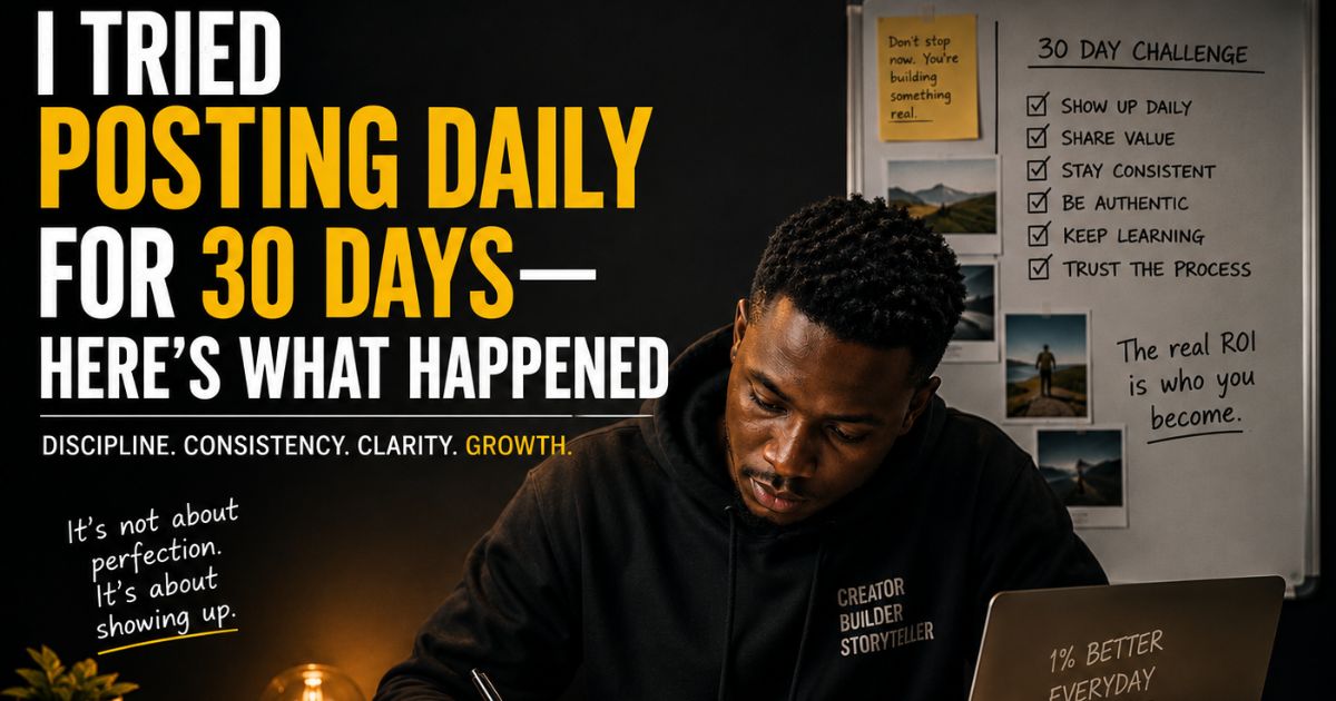Mutembei William working late at a desk during a 30-day daily posting challenge focused on discipline, consistency, and content creation.