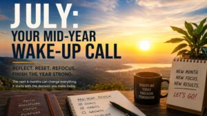 July motivation blog hero image showing a sunrise, notebook, coffee mug, and mid-year planning desk symbolizing a mid-year reset, discipline, and personal growth.