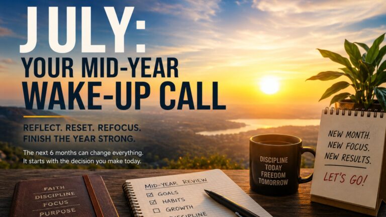 July motivation blog hero image showing a sunrise, notebook, coffee mug, and mid-year planning desk symbolizing a mid-year reset, discipline, and personal growth.
