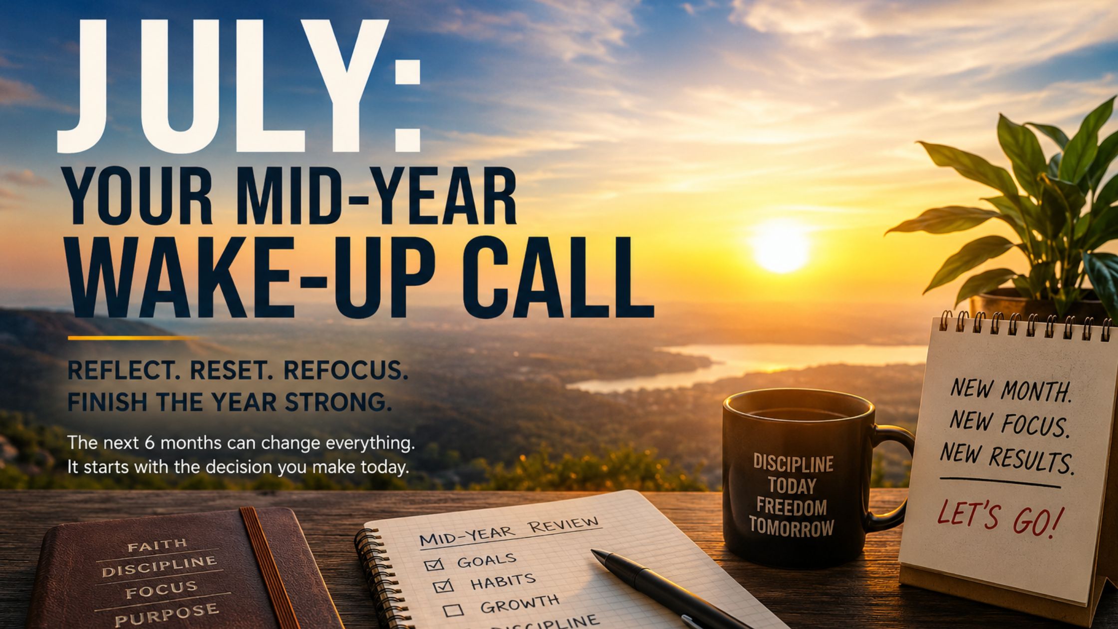 July motivation blog hero image showing a sunrise, notebook, coffee mug, and mid-year planning desk symbolizing a mid-year reset, discipline, and personal growth.
